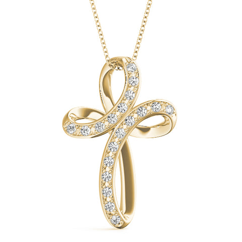 Yellow gold Pavé Round Diamond Prong Cross Pendant