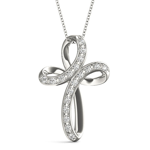 White gold Pavé Round Diamond Prong Cross Pendant