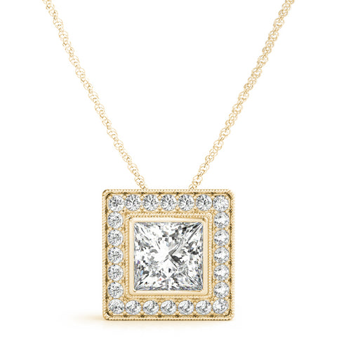 Yellow gold Square Halo Princess Cut Pendant with Bezel Setting
