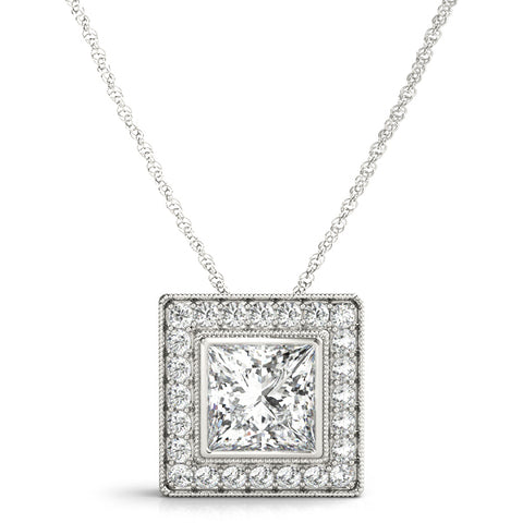 White gold Square Halo Princess Cut Pendant with Bezel Setting
