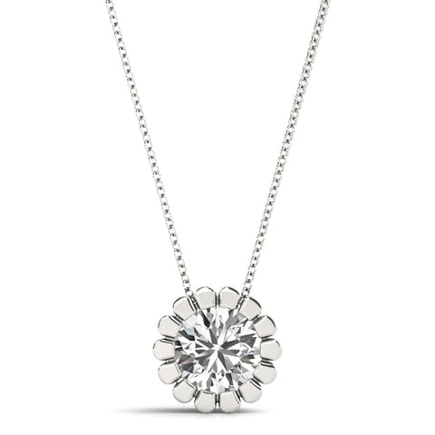 White gold Round Diamond Flower Prong Pendant