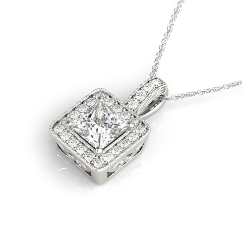 White gold Princess Cut Halo Pendant with Four-Prong Setting