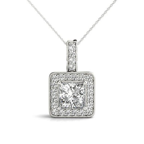 White gold Princess Cut Halo Pendant with Four-Prong Setting