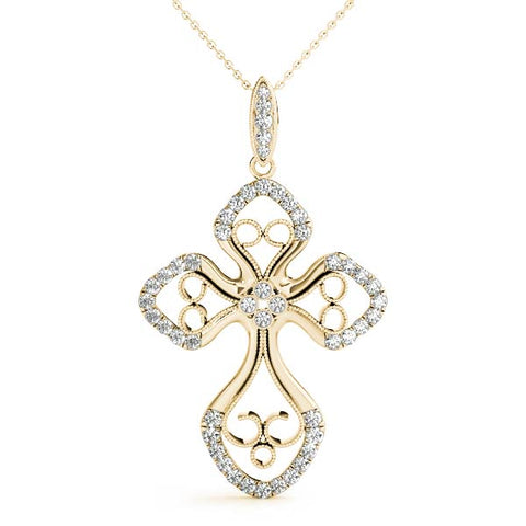 Yellow gold Diamond Pavé Round Milgrain Cross Pendant