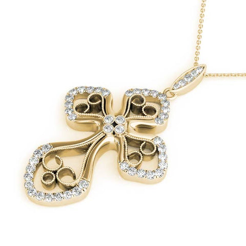 Yellow gold Diamond Pavé Round Milgrain Cross Pendant