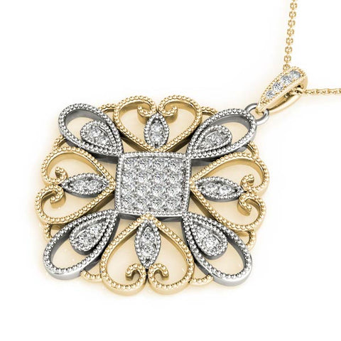 Yellow gold Pavé Round Diamond Filigree Pendant with Milgrain Detail