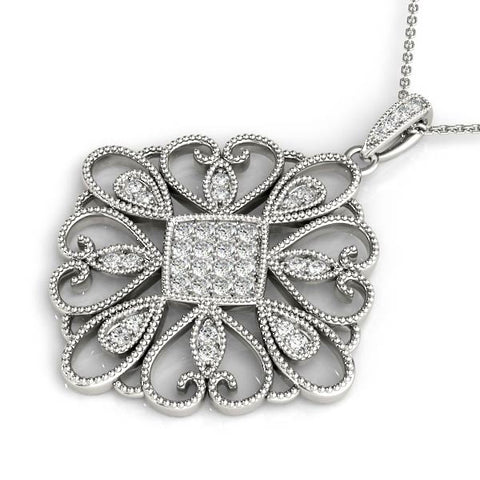 White gold Pavé Round Diamond Filigree Pendant with Milgrain Detail