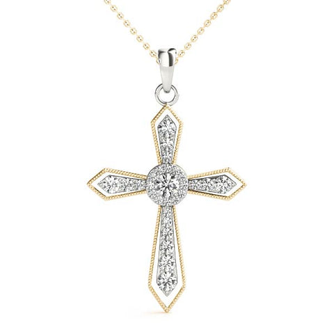 Yellow gold Round Diamond Milgrain Cross Pendant with Bezel Setting