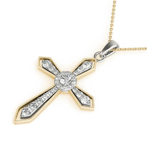 Yellow gold Round Diamond Milgrain Cross Pendant with Bezel Setting