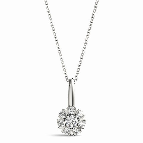 White gold Round Diamond Floral Cluster Pendant with Prong Setting