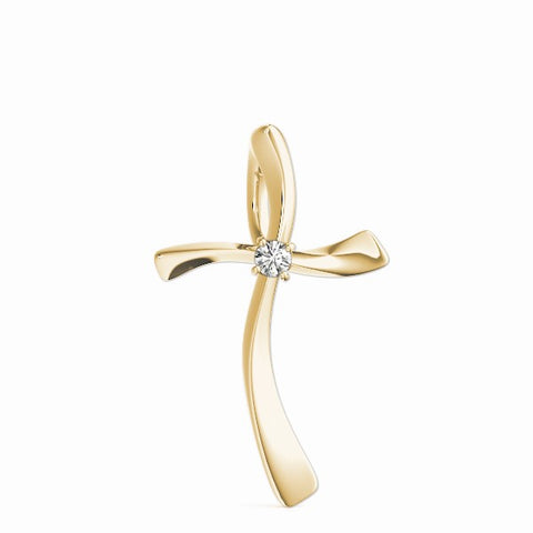 Yellow gold Curved Cross Pendant with Round Diamond in Bezel Setting