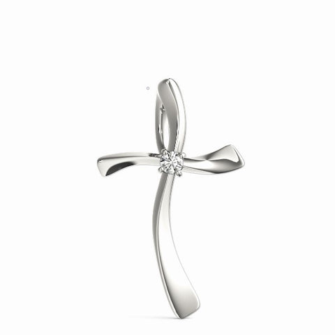 White gold Curved Cross Pendant with Round Diamond in Bezel Setting