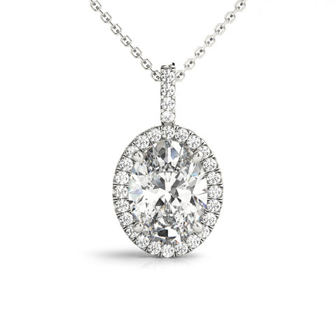 White gold Oval Halo Diamond Pendant with Prong Setting