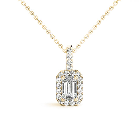 Yellow gold Emerald Cut Diamond Halo Pendant with Prong Setting