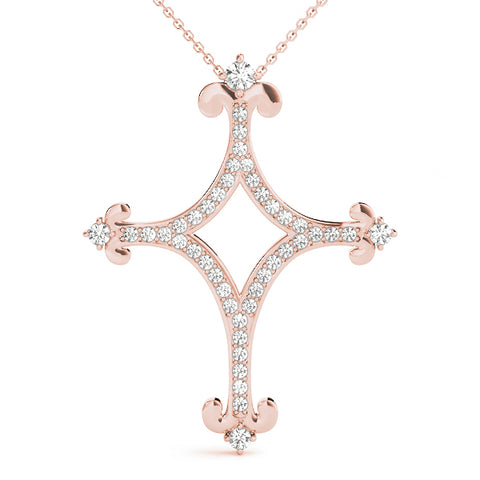 Rose gold Pavé Diamond Cushion Cross Pendant with Fleur-de-Lis Prongs