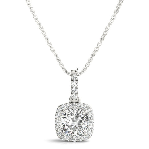 White gold Cushion Halo Diamond Pendant with Prong Setting