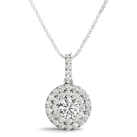 White gold Round Double Halo Diamond Pendant with Pavé Setting