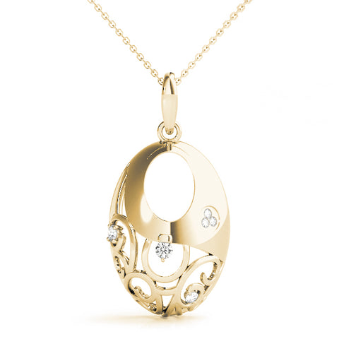 Yellow gold Oval Filigree Pendant with Round Diamond Prong Setting