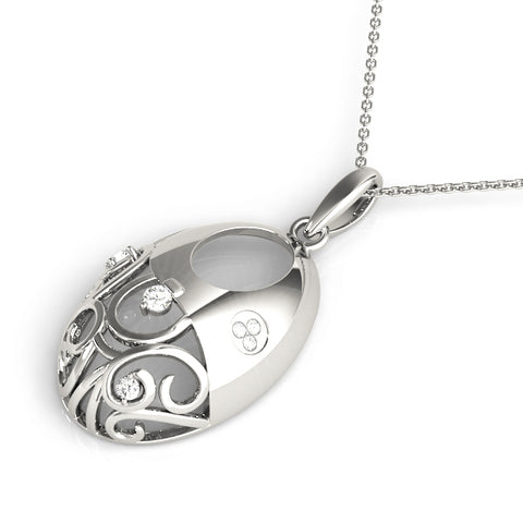White gold Oval Filigree Pendant with Round Diamond Prong Setting