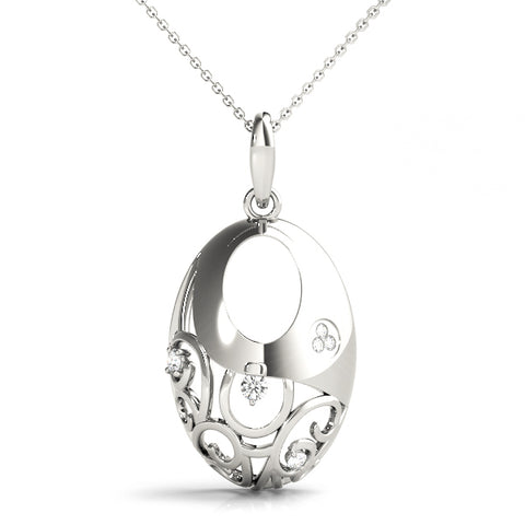 White gold Oval Filigree Pendant with Round Diamond Prong Setting