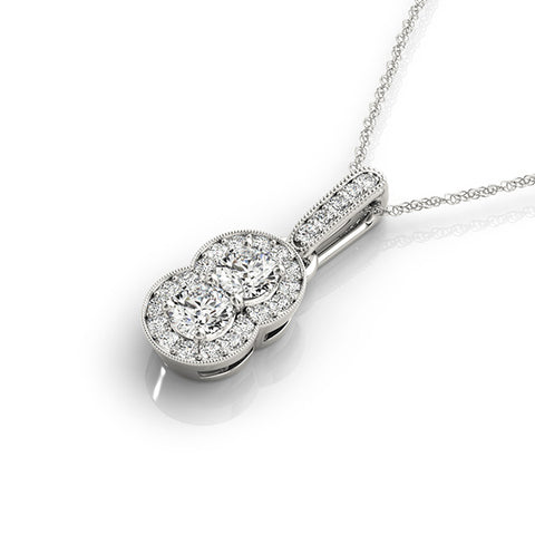 White gold Double Halo Round Diamond Pendant with Pavé Setting