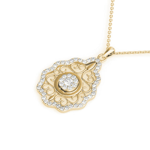 Yellow gold Round Diamond Halo Pendant with Filigree Design