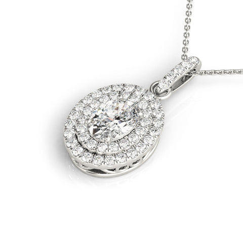White gold Oval Double Halo Diamond Pendant with Prong Setting