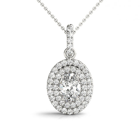 White gold Oval Double Halo Diamond Pendant with Prong Setting