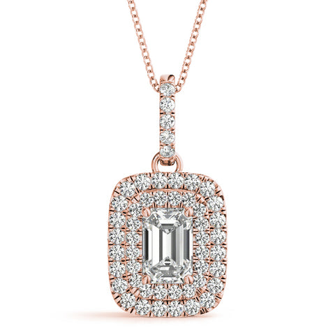 Rose gold Emerald Cut Double Halo Diamond Pendant with Prong Setting