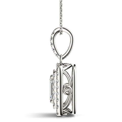 White gold Emerald Cut Double Halo Diamond Pendant with Prong Setting