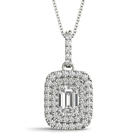 White gold Emerald Cut Double Halo Diamond Pendant with Prong Setting