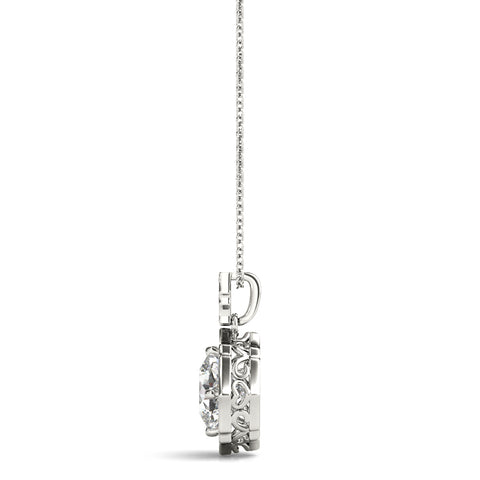 White gold Round Diamond Halo Pendant with Milgrain Prong Setting