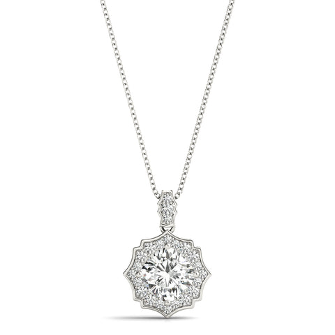 White gold Round Diamond Halo Pendant with Milgrain Prong Setting