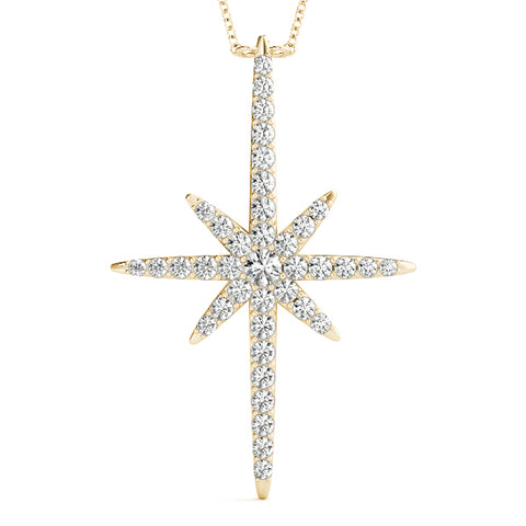 Yellow gold Pavé Round Diamond Starburst Pendant with Prong Setting