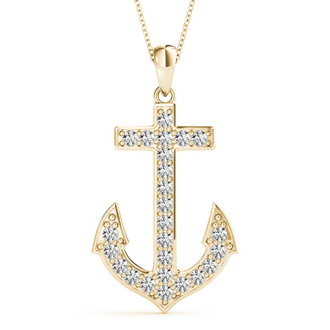 Yellow gold Pavé Round Diamond Anchor Pendant with Four-Prong Setting