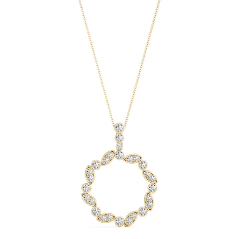 Yellow gold Round and Marquise Diamond Circle Pendant with Bezel and Prong Setting