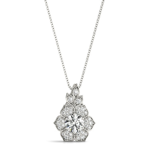 White gold Round Brilliant Flower Cluster Pendant with Prong Setting