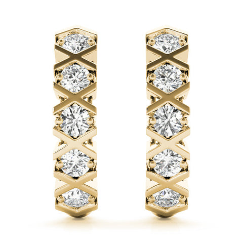 Yellow gold Round Diamond Criss-Cross Prong Hoop Earrings