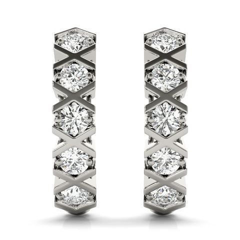 White gold Round Diamond Criss-Cross Prong Hoop Earrings