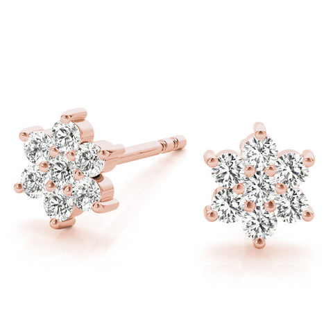 Rose gold Cluster Round Diamond Stud Earrings with Butterfly Backing