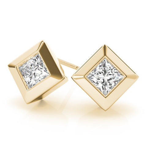 Yellow gold Princess Cut Bezel Set Diamond Stud Earrings
