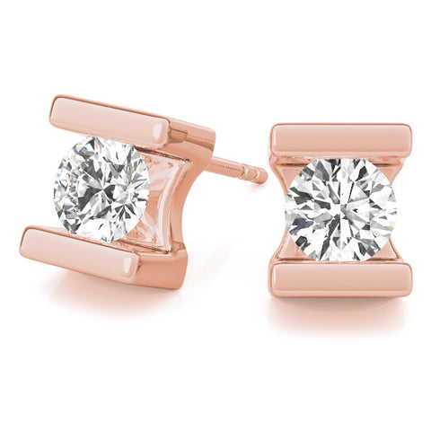 Rose gold Bar Set Round Diamond Stud Earrings in White Gold