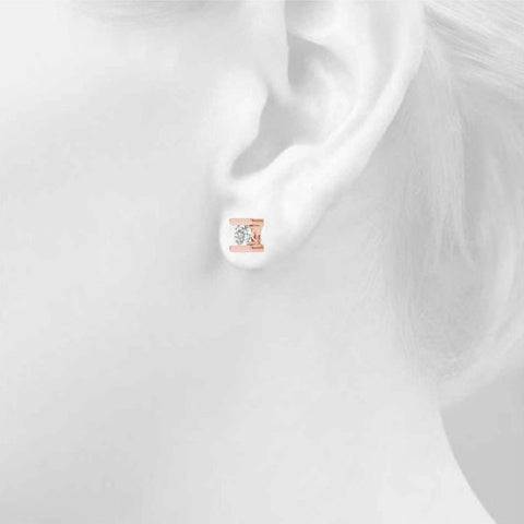 Rose gold Bar Set Round Diamond Stud Earrings in White Gold
