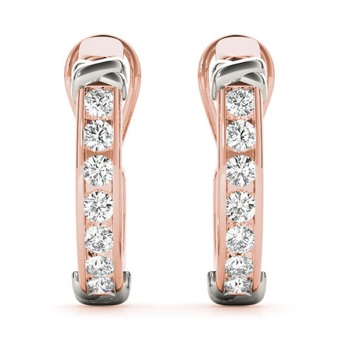 Rose gold Channel-Set Round Diamond Two-Tone Hoop Earrings with Claw Prong Setting