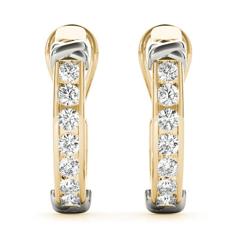 Yellow gold Channel-Set Round Diamond Two-Tone Hoop Earrings with Claw Prong Setting
