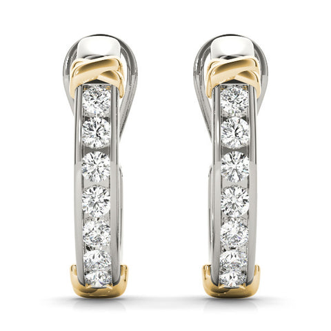 White gold Channel-Set Round Diamond Two-Tone Hoop Earrings with Claw Prong Setting