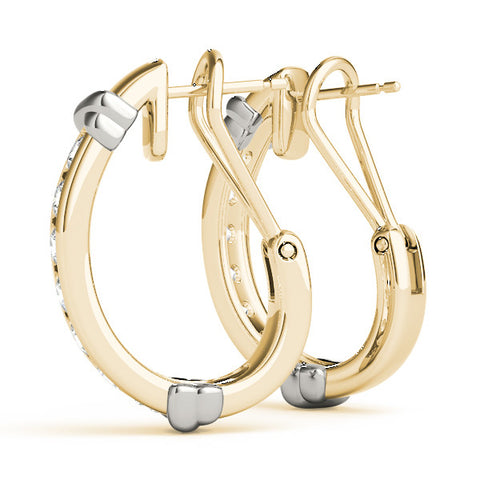 Yellow gold Channel-Set Round Diamond Two-Tone Hoop Earrings with Claw Prong Setting