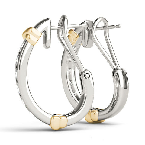 White gold Channel-Set Round Diamond Two-Tone Hoop Earrings with Claw Prong Setting