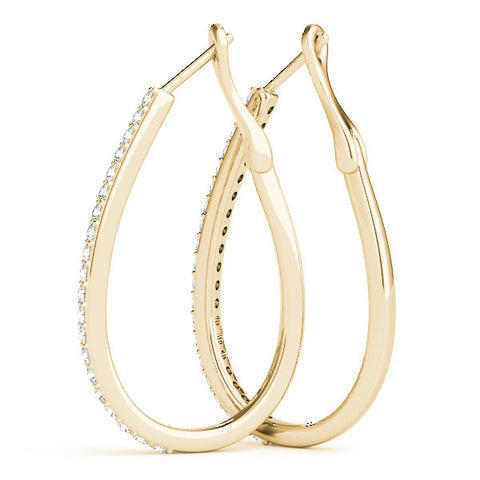 Yellow gold Pavé Round Diamond Teardrop Hoop Earrings with Hidden Hinged Setting 2