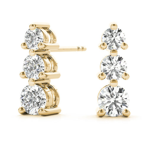 Yellow gold Three-Stone Round Diamond Prong-Set Drop Earrings